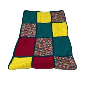 Handmade Knitted Patchwork Blanket - Colorful Retro Garter Stitch Lap Throw
